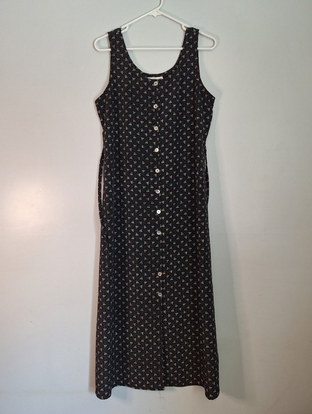 Vintage 90s Black Floral Button-Front Midi Dress - Picture 1 of 4